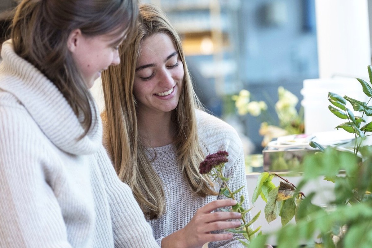 Two people smiling while looking closely at a small leafy plant.