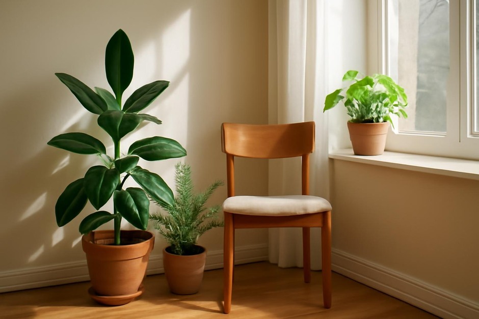 Sunlit corner of a room with potted plants and a chair